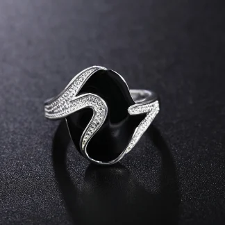 Signet Ring with Wavy Black Design